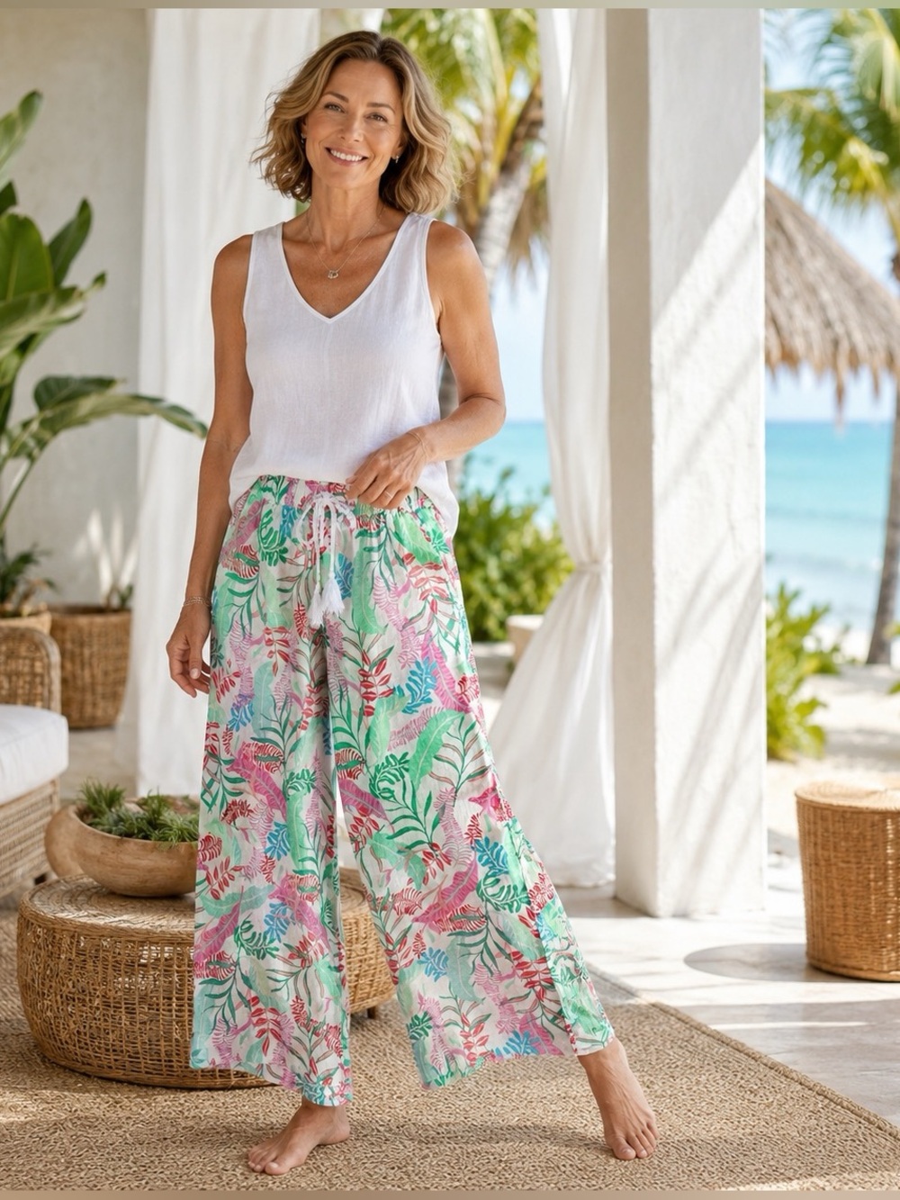 Tropical Resort Wide Leg‎ Palazzo Pants Tassel Tie Botanical Print White